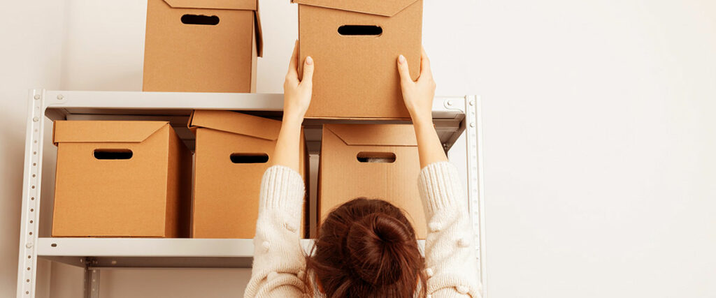 shelved boxes in a storage unit